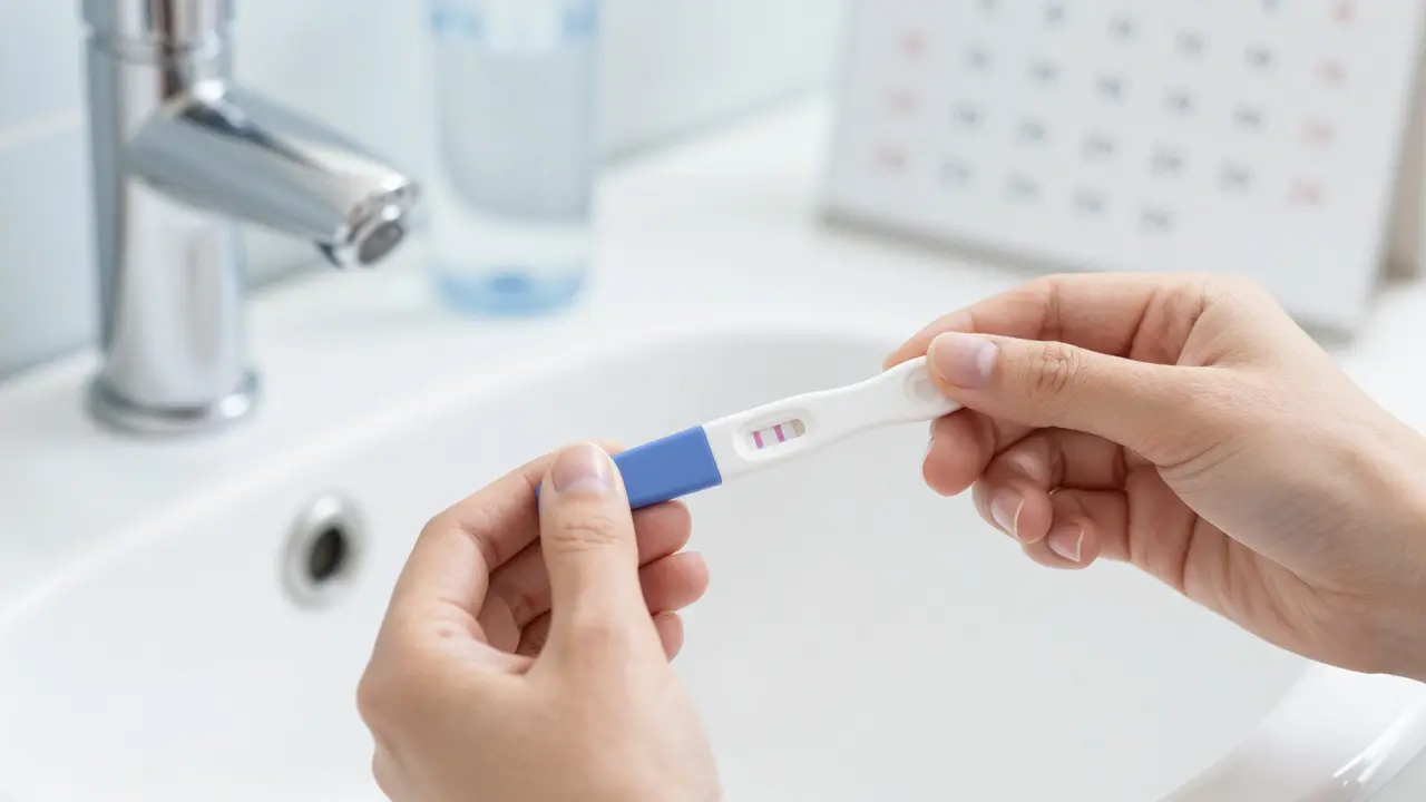 Bližší záběr na ruce držící ovulační test u umyvadla