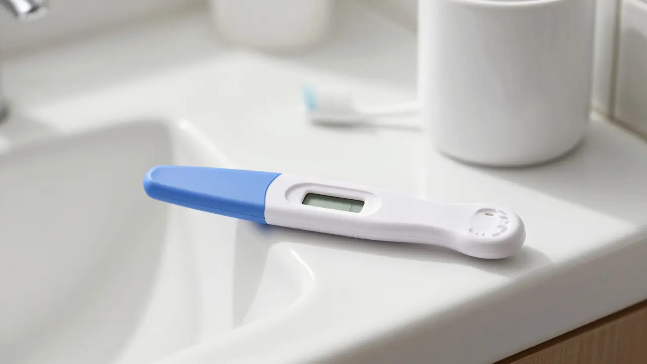 Digitální těhotenský test na čistém bílém umyvadle v koupelně