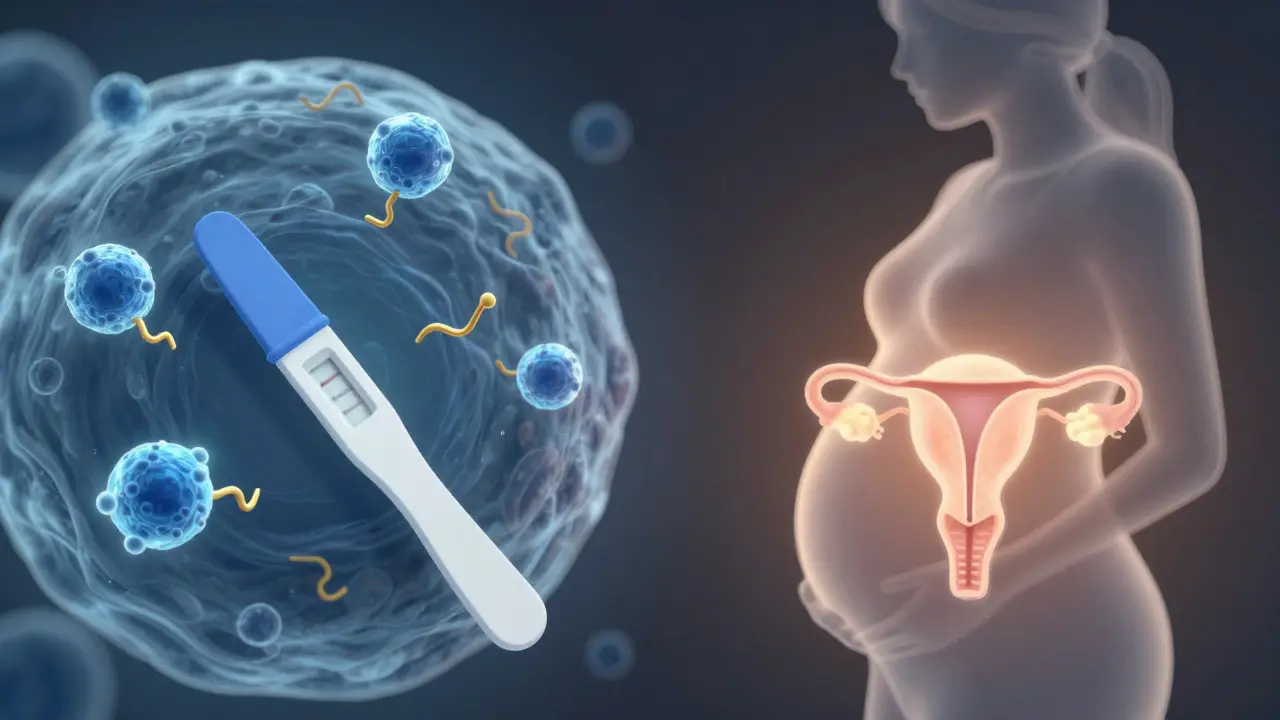 Ilustrace principu detekce hormonu hCG v těhotenském testu