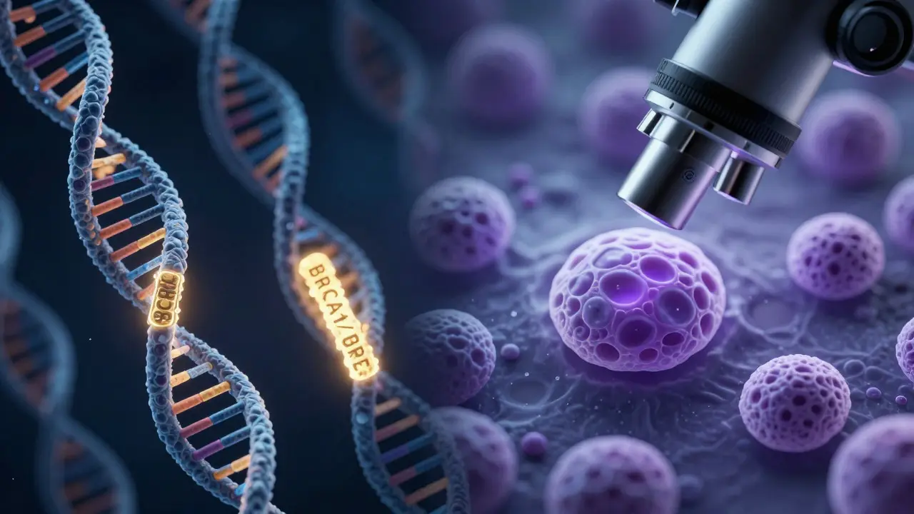 Konceptuální ilustrace genetických mutací BRCA a mikroskopického pohledu na rakovinné buňky