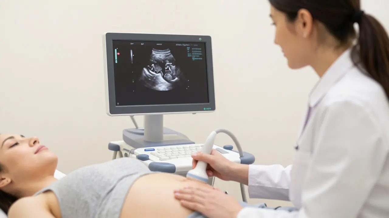 Lékař provádí ultrazvukové vyšetření břicha těhotné ženy