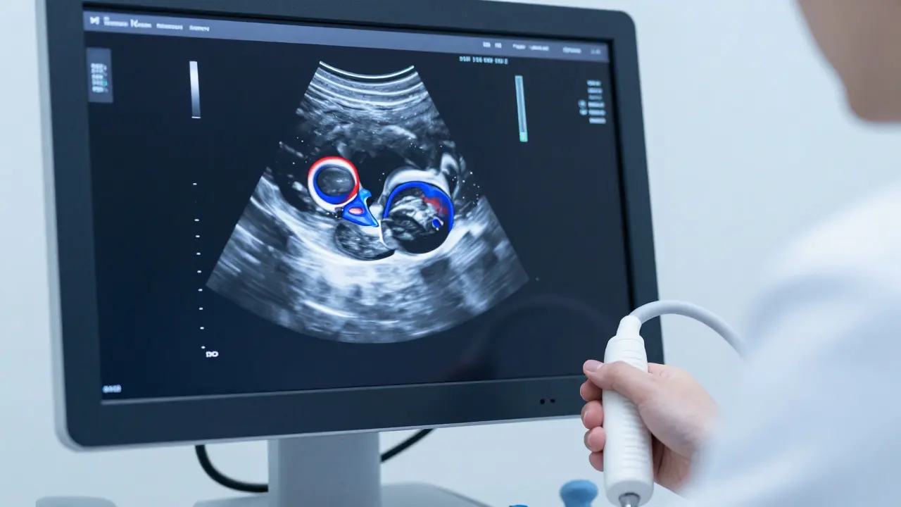 Monitor zobrazující detailní ultrazvukové snímky vaječníků s barevným mapováním průtoku krve