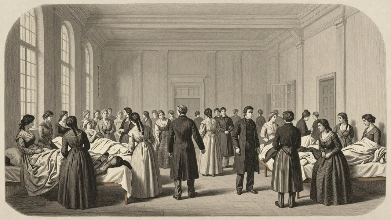 Přeplněná historická porodnice Salpêtrière s lékaři bez hygienických opatření