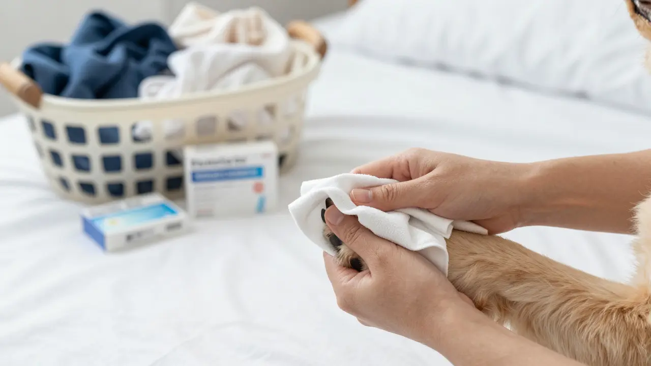 Ruše čistící tlapky psa vedle postele pro hygienu