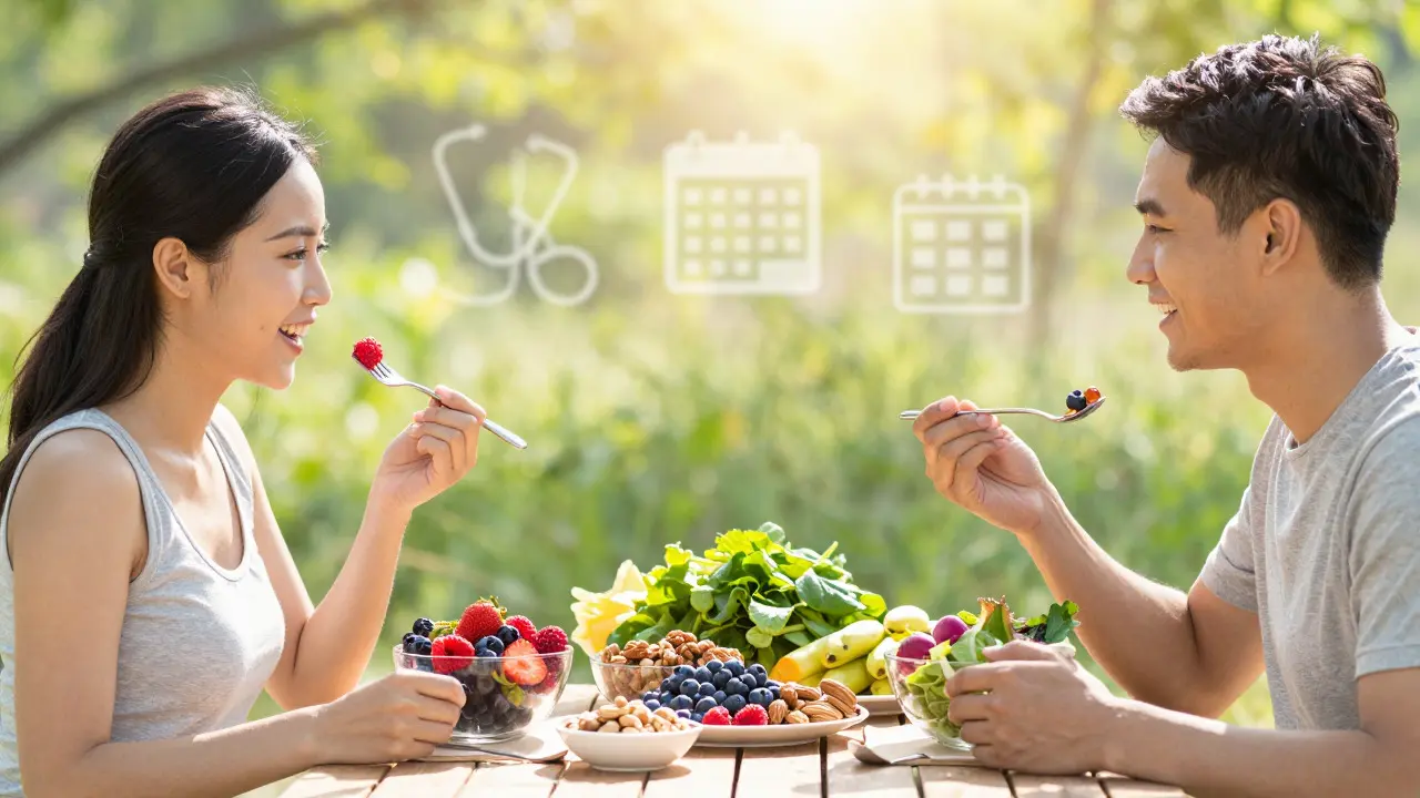 Zdravý pár sdílí vyváženou stravu bohatou na antioxidanty v přírodě