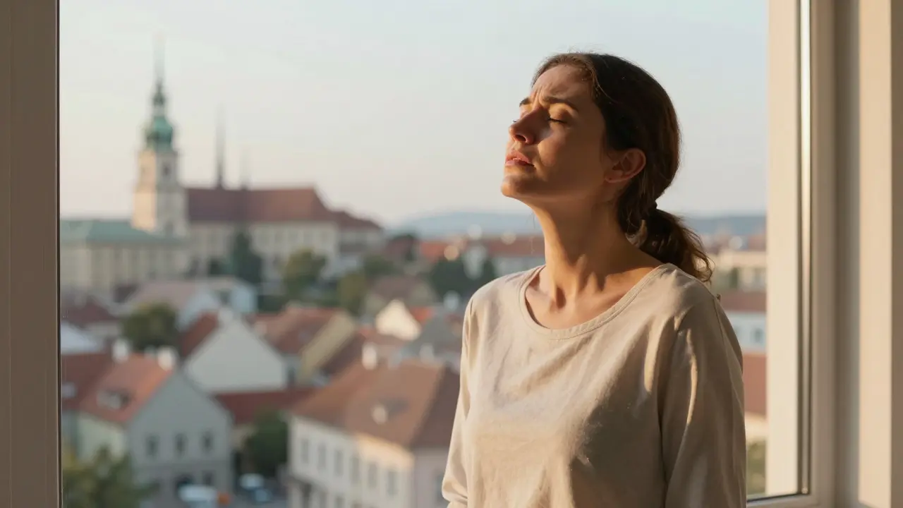 Žena si dýchá u okna s výhledem na Brno po prohlídce