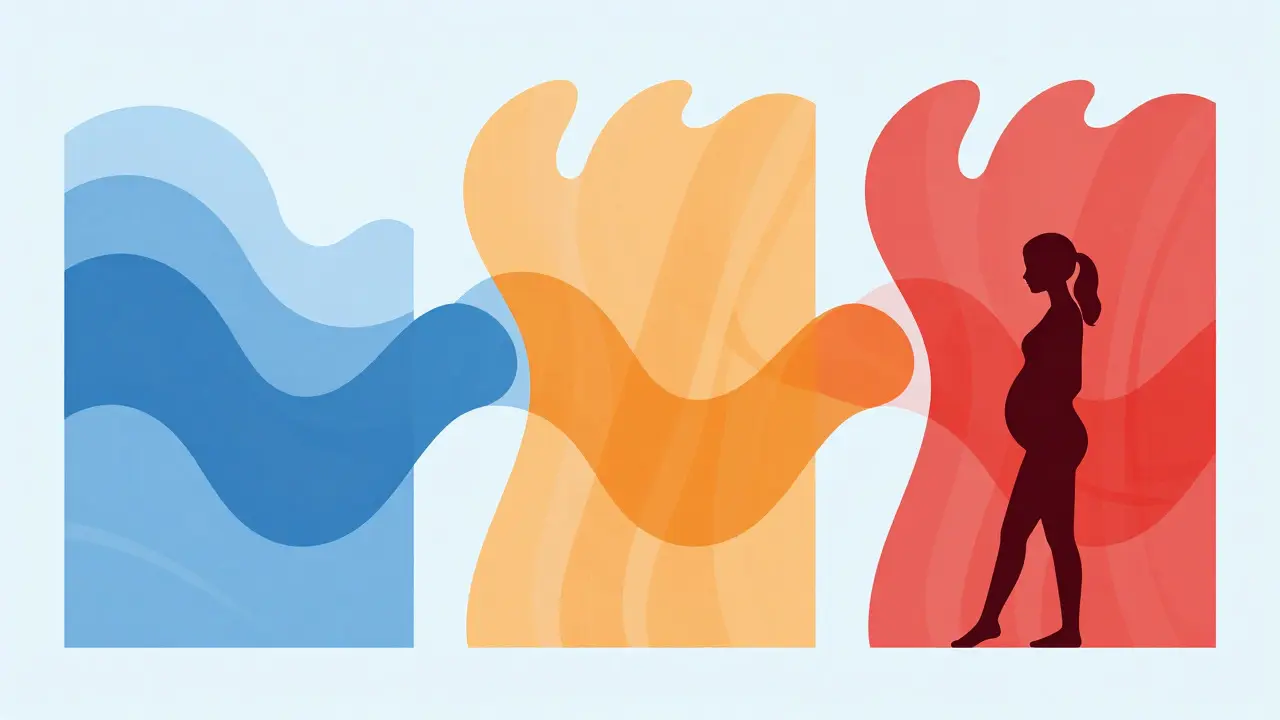 Abstraktní ilustrace fází porodu a kontrakcí