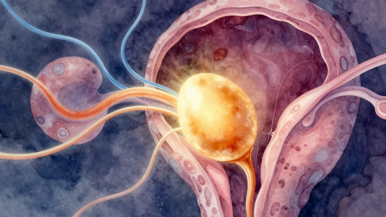 Abstraktní ilustrace procesu ovulace s hormonálními vlnami