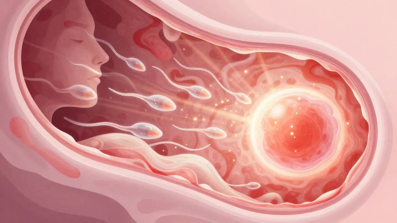 Abstraktní ilustrace putování spermií k vajíčku v těle ženy