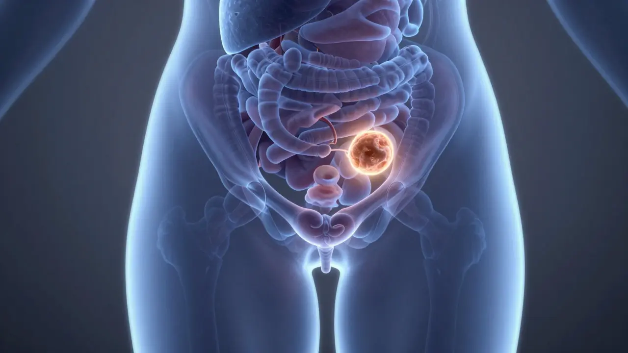 Anatomická ilustrace pánve s viditelným nádorem na vaječníku