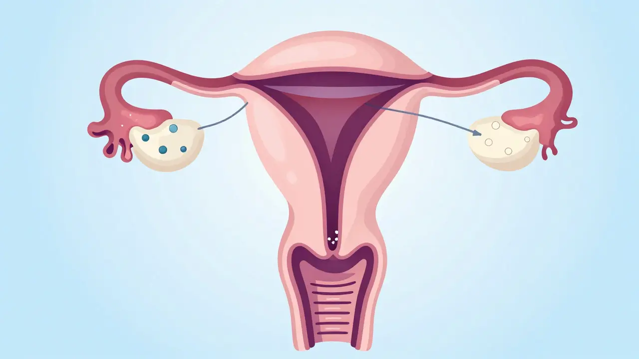 Anatomická ilustrace ženských pohlavních orgánů s PCOS