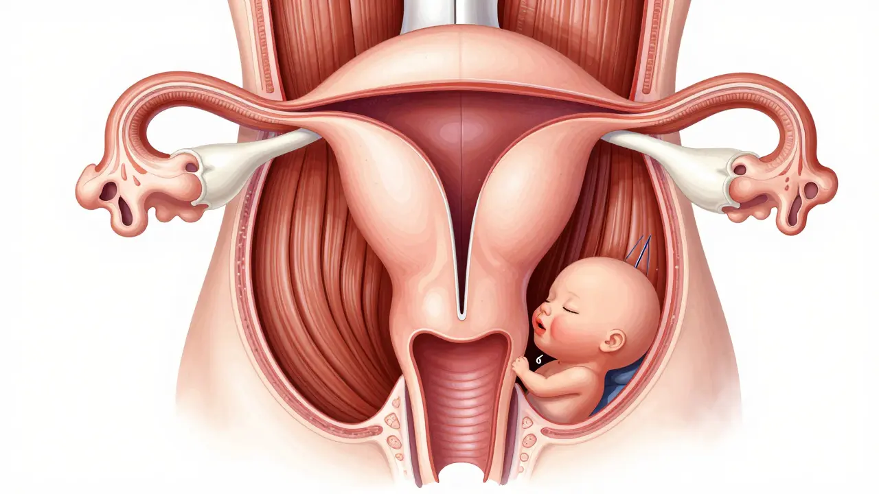 Ilustrace anatomie dělohy a krčku během porodu