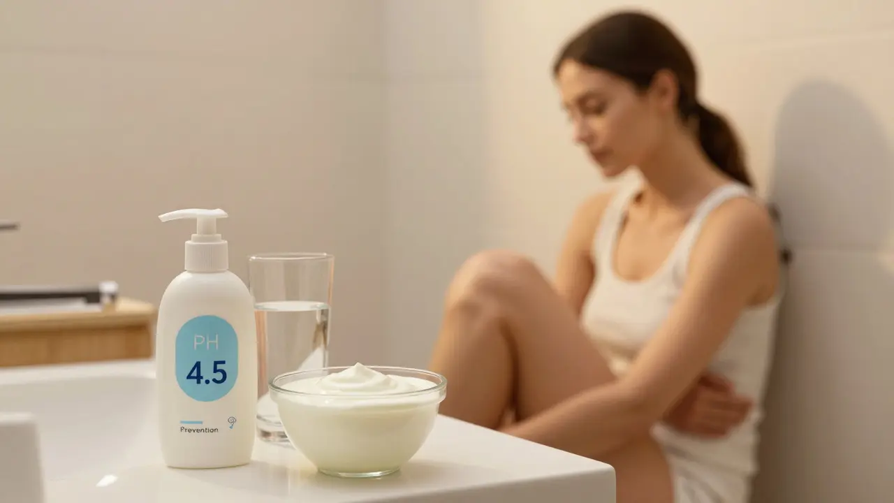 Žena dbající na hygienu a stravu pro zdraví intimní oblasti