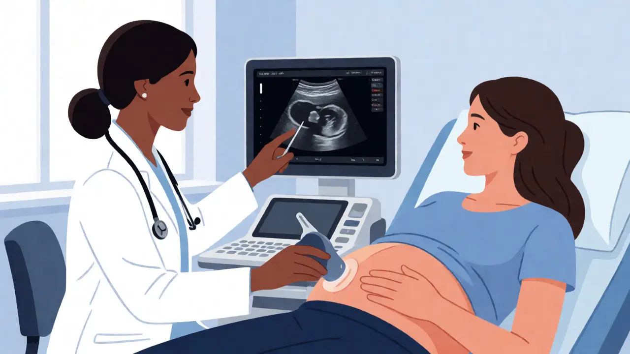 Gynekolog provádí ultrazvuk těhotné pacientce, na monitoru je vidět plod.
