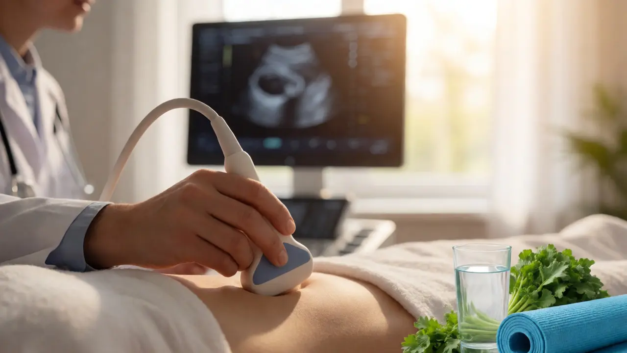 Gynekolog provádí ultrazvukové vyšetření v osluněné ordinaci