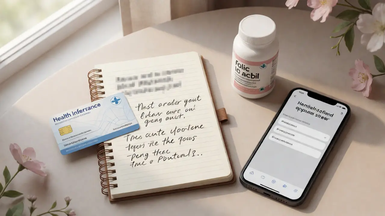 Připravené dokumenty, vitamíny a poznámky pro první návštěvu u gynekologa.